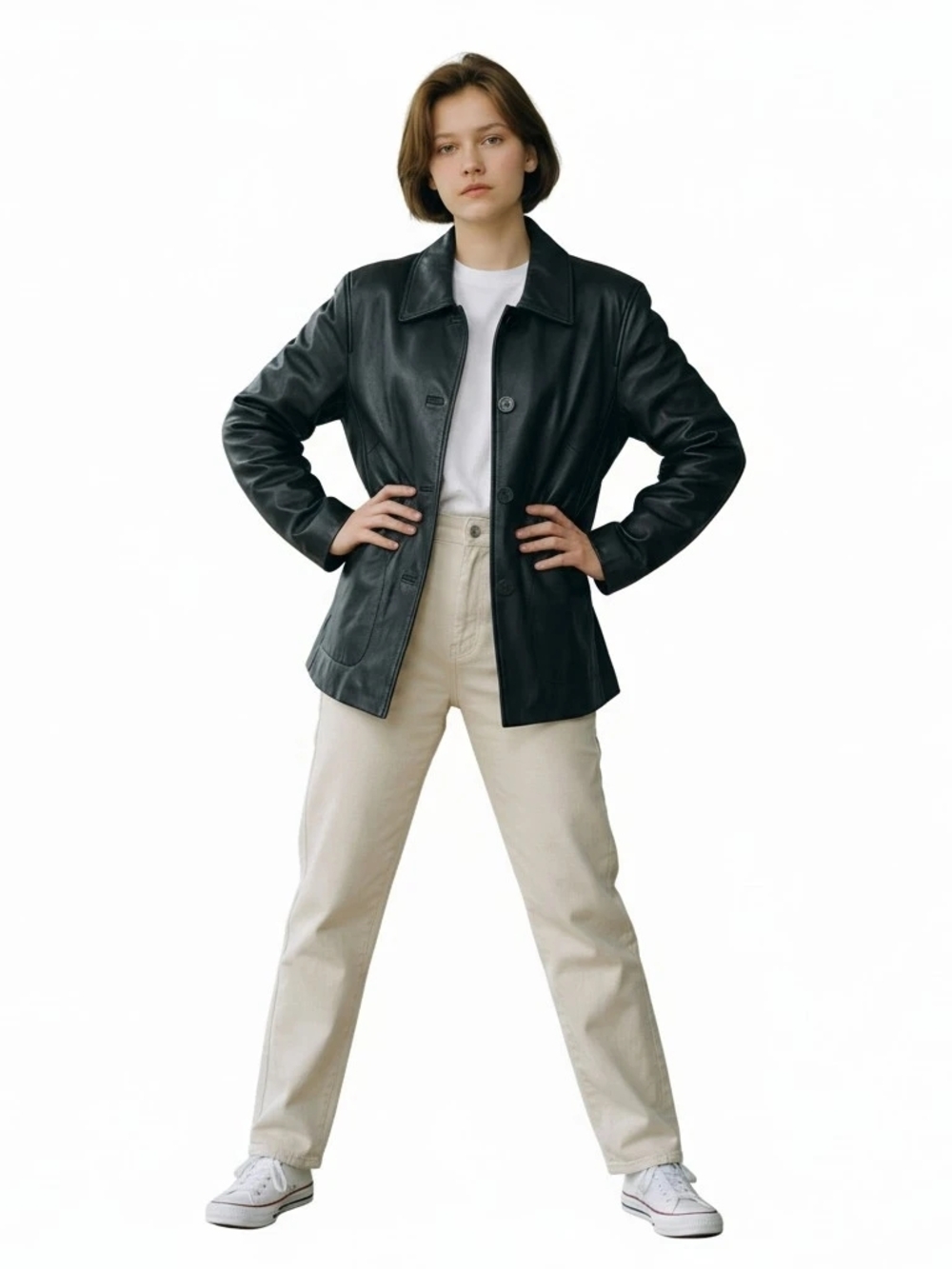 Nine West Black Leather Button-Front Coat With Pockets